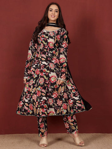 Varanga Women Ethnic Floral Printed Scoop Neck Anarkali With Trouser & Dupatta